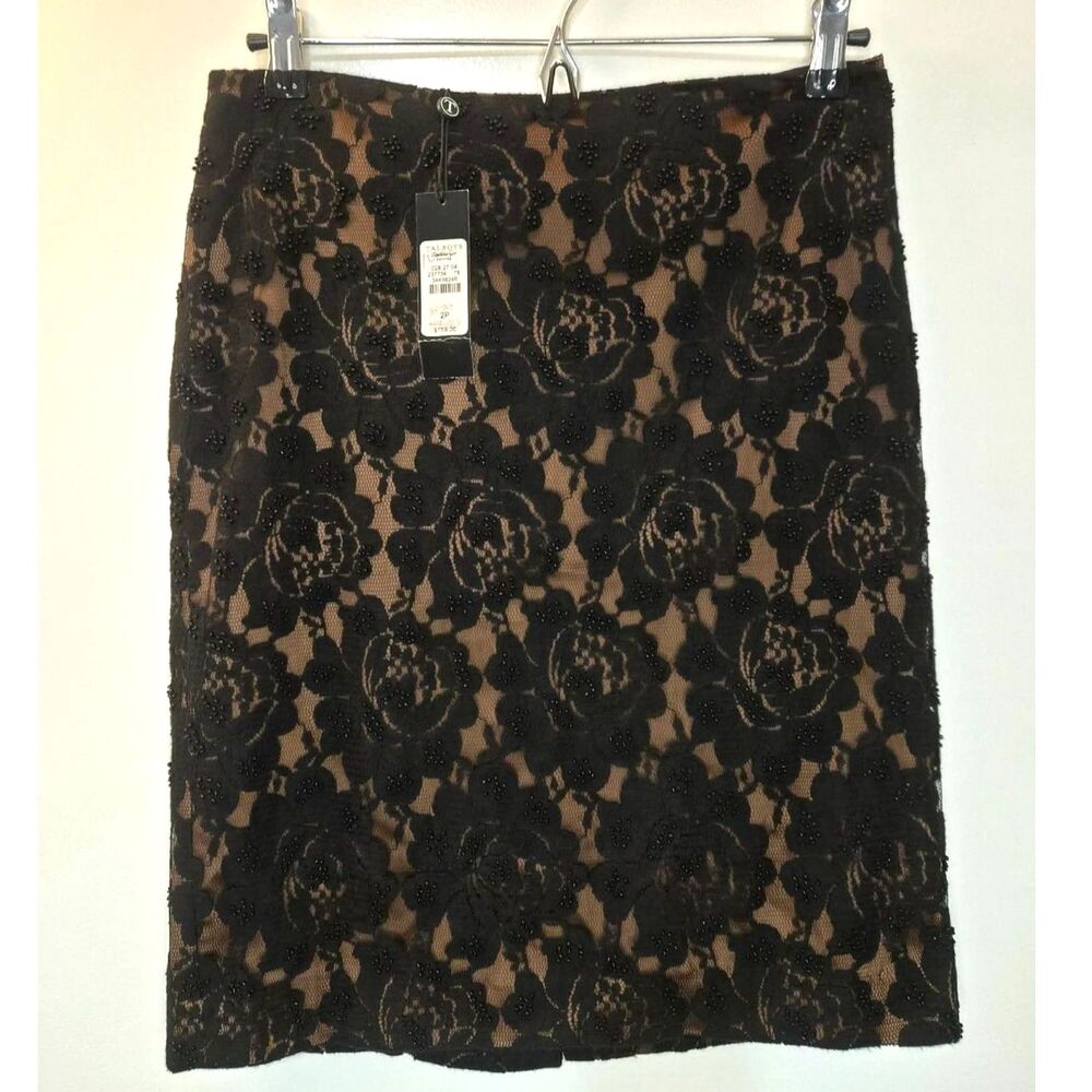 NWT Talbots Black Lace Beaded Pencil Skirt Petite 2P Y2K Lined Retail $159